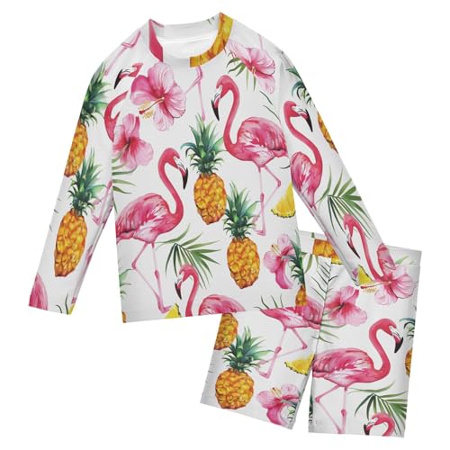 Flamingo Tropical Flowers Boys Swimsuit Rash Guard Toddler Kids Long Sleeve Swim Shirt and Trunks Swimwear Set 3-10Y