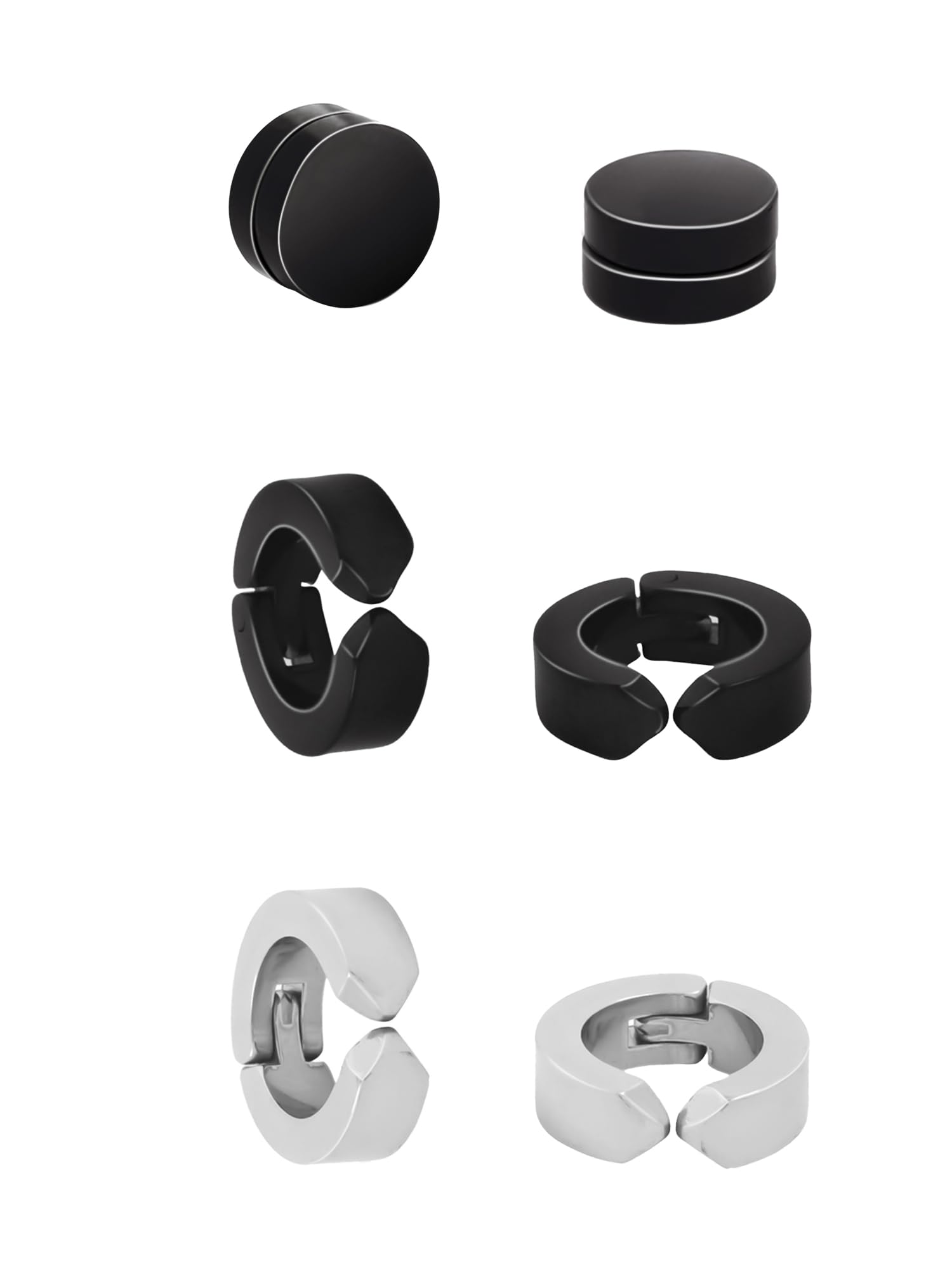 3 Pair Combo Non-piercing 316l Stainless Steel Magnetic Hoops by Yellow Chimes Silver Plated Stud Earrings for Men (Black, Silver) (YCSSER-CRLBTTN-BNDL)