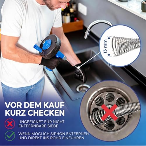 CLEVERWERK Rohrreinigungsspirale 7,5m [Spannfutter] Metermarkierungen Abflussreiniger Spirale Abfluss Rohrreinigung Abflussspirale für Waschbecken, Bad, Küche