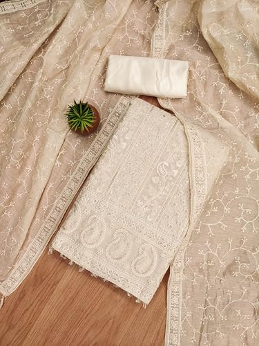 Image of Pandadi Saree Women's Elegant Lucknowi Work with Modal Cotton Chanderi and Embroidered Dupatta Unstitched Dress Material
