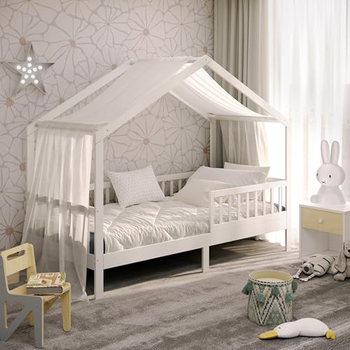 CADANI Davi Lit de maison, 90 x 200 cm, blanc, protection anti-chute, Montessori amovible, lit d'enfant, convertible, avec sommier à lattes enroulables, charge maximale...