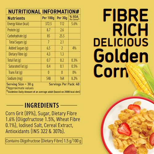Image of Bagrry's Corn Flakes+ Original & Healthier 1.2kg | Added Fibre | Crunchy Breakfast Cereal | Delicious Golden Corn | Low Fat & Low in Glycaemic Index | Source of Protein | Toasted & Crunchy Corn Flakes | No Added Preservatives | No Artificial Ingredients