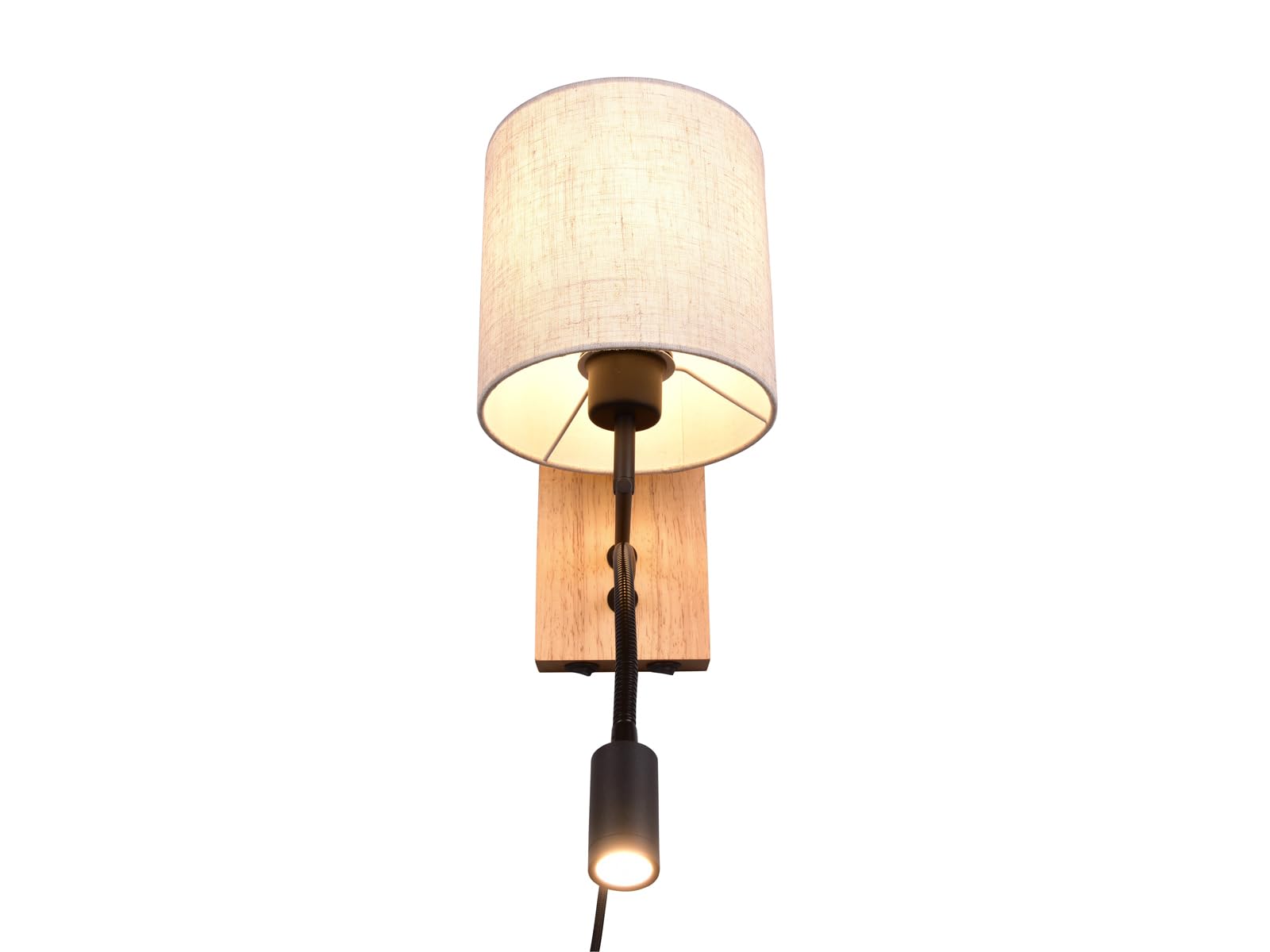Wandleuchte mit Leselampe, Schalter, Kabel und Stecker, Stoff Lampenschirm rund Leinen Beige, Wandplatte Holz, Höhe 30cm inkl. stufenweise dimmbarem E27 Leuchtmittel, Design skandinavisch
