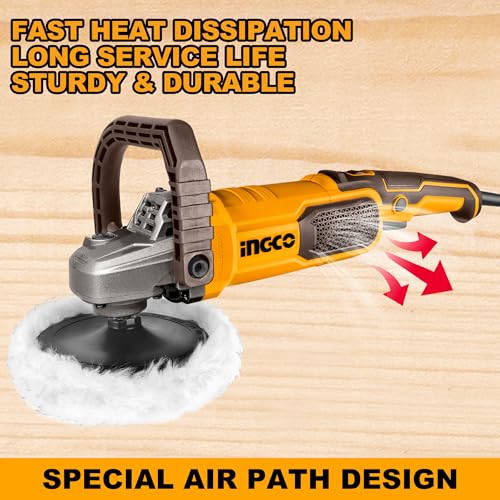 Image of INGCO 1400W Corded Electric Polisher 180mm, 7 Variable Speed, 1500-3600RPM, Comfortable Handle for Car Detailing Polish Buffing Sanding DIY