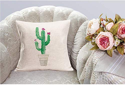 Xihomeli Green Plant Cushion Case 18X18 Inch Cotton Linen Watercolor Cartoon Succulent Cactus Cacti Throw Pillow Covers With Purple Flowers Hand-Painted Pot Pillowcase (Purple Cactus, 18"X18") #TOP1