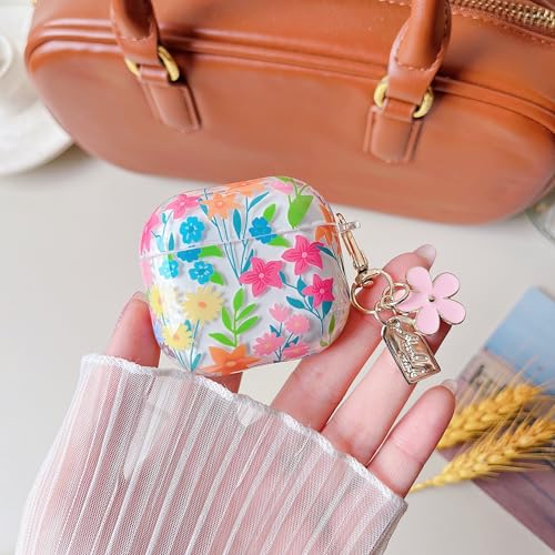 Image of MINSCOSE for AirPods 4 Clear Case,Cute Colorful Flowers Pattern Design with Girly Floral Keychain,Soft Silicone Protective Shockproof Cover with Cleaner Kit for Girls Women-Colorful