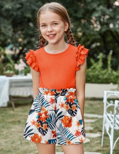 Image of Arshiner Girls 2 Piece Outfits Summer Clothes Ruffle Short Sleeve Shirts Top and High Waist Paper Bag Shorts Set with Pockets