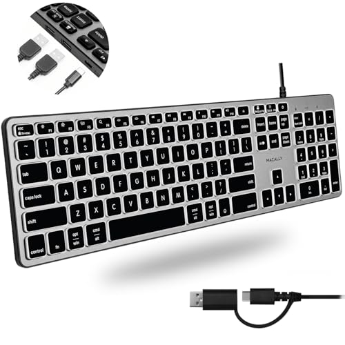 Macally Wired Keyboard for Mac with USB Hub (2X USB-A / 1x USB-C) - Compatible Backlit Apple Keyboard with Dual Interface - Auto OS Detection for Mac, MacBook Pro/Air, iMac, PC, Android, iPad, iOS