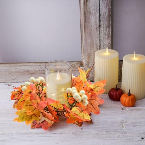 Bacucine 4Pcs Fall Wreaths Small Candle Rings with Maple Leaves Fall Candle Holders Artificial Flower Wreath for Wedding Farmhouse Door Home Table Home Decor