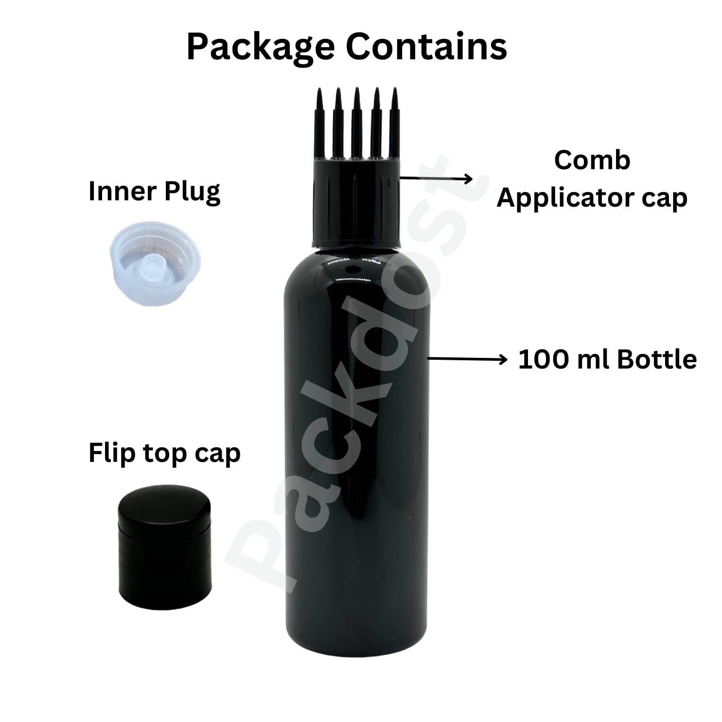 Packdost 100 Ml Empty Hair Root Comb Applicator Oil Shampoo Comb Refillable Cylindrical Black Bottle With Applicator Cap - Set Of 20 - Image 5 thumbnail