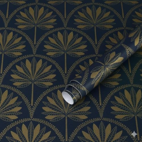 Image of Veki Luxury Floral & Botanical Geometric Wallpaper Mural - Waterproof, Moisture-Proof, Self-Adhesive PVC Wall Sticker for Home & Hotel Decoration (45cm x 300cm) (Blue Gold Leaf)