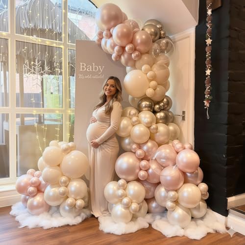 Image of Dusty Pink and Gold Balloon, 12 Inch Double Stuffed Pearl Pastel Blush Pastel Pink Light White Metallic Gold Latex Balloons for Women Girls Birthday Baby Bridal Shower Wedding Boho Party Decorations