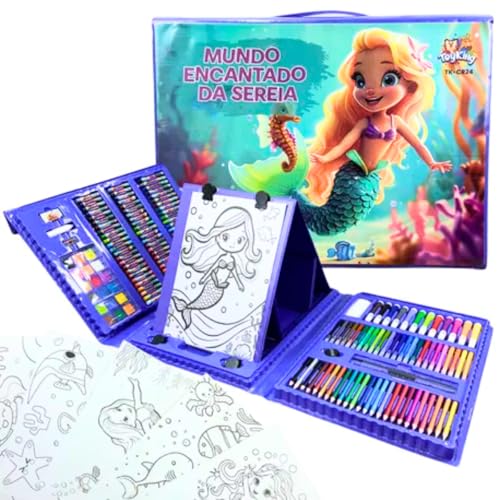 Maleta de Pintura Infantil 208 Itens Mundo Encantado da Sereia Desenho Material Escolar Presente para Crianças