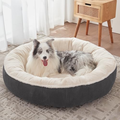 Image of 45 inches Donut Dog Bed for Extra Large Dogs,Calming Round Pet Bed with Removable & Washable Cover, Plush Faux Fur & Corduroy, Fits up to 100 lbs Pets(Dark Grey,XL)