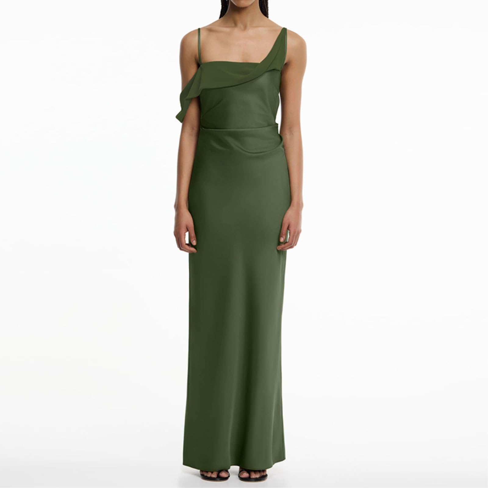 Abito Donna Una Spalla Raso Maxi Asimmetrico Drappato da Sera, Mucca Cinturina Asimmetrica Abito-05 Blue-s