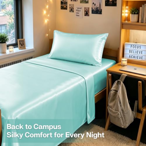 Image of MR&HM Satin Bed Sheets, Twin Size Sheets Set, 3 Pcs Silky Bedding Set with 15 Inches Deep Pocket for Mattress(Twin, Turquoise)