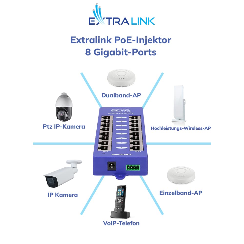 EXTRALINK Injecteur PoE - Plug & Play - Ethernet Gigabit - 8 Ports PoE+ - Fonctionnement Silencieux et Indicateur LED - Compact et Polyvalent pour Caméras IP, Téléphones VoIP, Points d'Accès - Mode B
