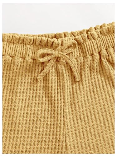 Image of RoseSeek Girl's 2 Piece Outfits Waffle Knit Scoop Neck Button Down Crop Tank Tops Paperbag Waist Track Shorts