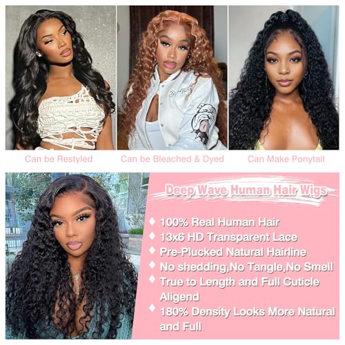 Image of Nsvnsv 13x6 Deep Wave Lace Front Wigs Human Hair Wigs for Women 180% Density HD Transparent Deep Curly Lace Frontal Wigs Human Hair Pre Plucked with Baby Hair Natural Color 28 Inch
