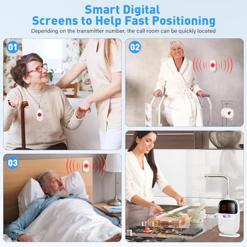 Pakinui Notrufknopf für Senioren, Notruf Armband mit Digitalanzeige, Kabellos Hausnotruf Senioren USB-Aufladung, Tragbares Notfallknopf für Senioren mit 38 Klingeltöne, 2 Sender 1 Empfänger