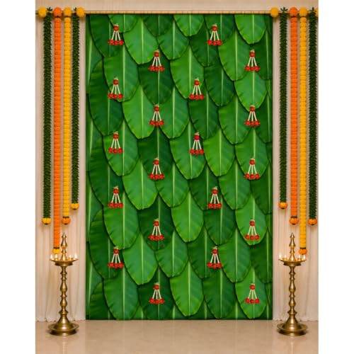 Image of Sri Yagnaa - Backdrop Cloth for Pooja Decoration Traditional - M 11 - Background Curtain Cloth for Festival Decoration (5x8 Ft) (Banana Leaf with Rose Design Backdrop)