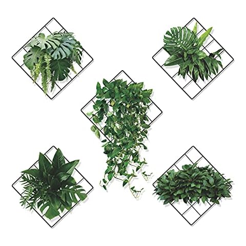 Magic 3D Effect Vivid Green Plants Monstera Leaf Ivy Grid Wall Decor Decal, Vinyl Removable Green Leaves Wall Stickers for Bedroom Living Room Office Kitchen Decorations, Set of 5(22x22cm) Cover
