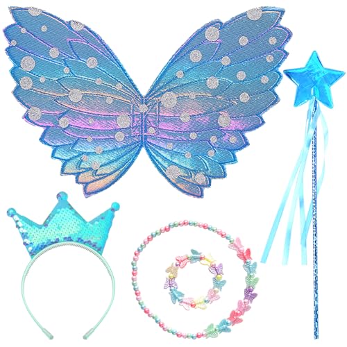 DKDDSSS 5 peças vestir borboleta para menina, asas de fada, asas de anjo, asas de borboleta, varinha mágica para menina, coroas de princesas, colar de borboleta, para o Halloween aniversário cosplay