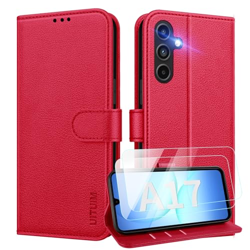 UITUIM Cover per Samsung Galaxy A17 5G/4G Custodia con 2 Vetro Temperato Pellicola a Libro Portafoglio Libretto in Pelle Porta Carte Protettiva Flip Case,Rosso