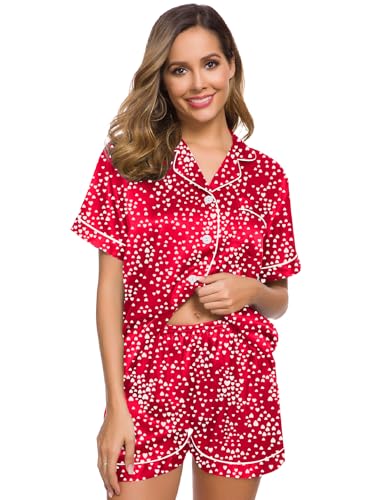 Image of SWOMOG Womens Silk Satin Pajamas Set Short Sleeve Sleepwear Button Down Top and Shorts Loungewear 2 Piece Pjs Set XS-3XL Lipstick Red Mini Hearts Large