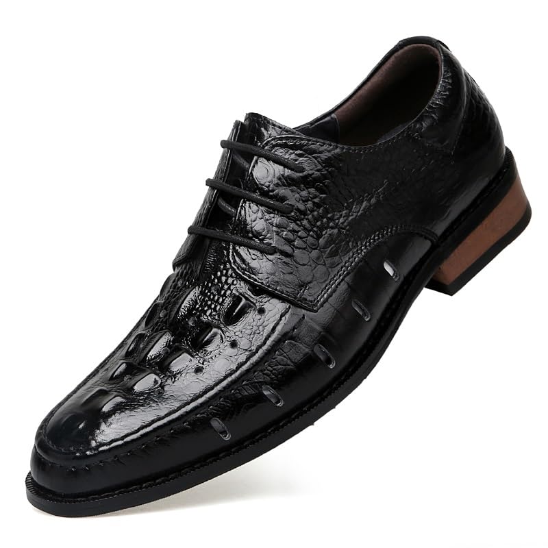 HOOENG Dress Shoes for Men Lace Up Round Burnished Toe Genuine Leather Crocodile Print Derby Shoes Anti-Slip Slip Resistant Block Heel Classic(Color:Black Hollow Out,Size:7)