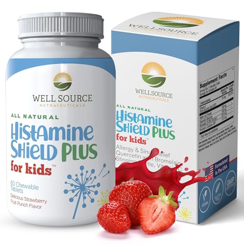 Histamine Shield Plus Natural Antihistamine Supplement Sinus & Allergy Relief for Pollen Pet Dander Dust Mold and Odors 60 Strawberry Fruit Punch Chewable Tablets