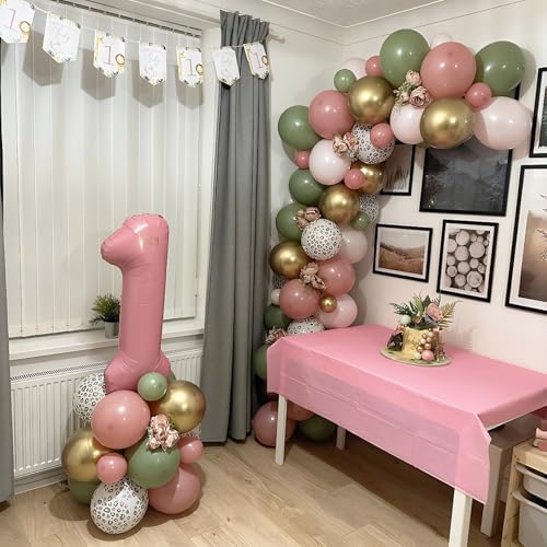 Image of Pink and Green Balloons, Jungle Safari Balloon 12 Inch Leopard Cheetah Print Sage Green Dusty Light Pink Metallic Gold Latex Balloons for Girls Boho Baby Shower Wild One Birthday Party Decorations