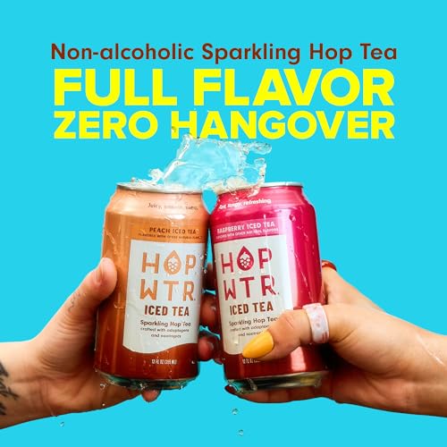 Image of HOPWTR Iced Tea Variety Pack - Peach, Raspberry & Lemonade Sparkling Tea, Non Alcoholic Functional Beverage with Adaptogens, Nootropics & Vitamin C, Zero Sugar (12 Pack, 12oz Cans)