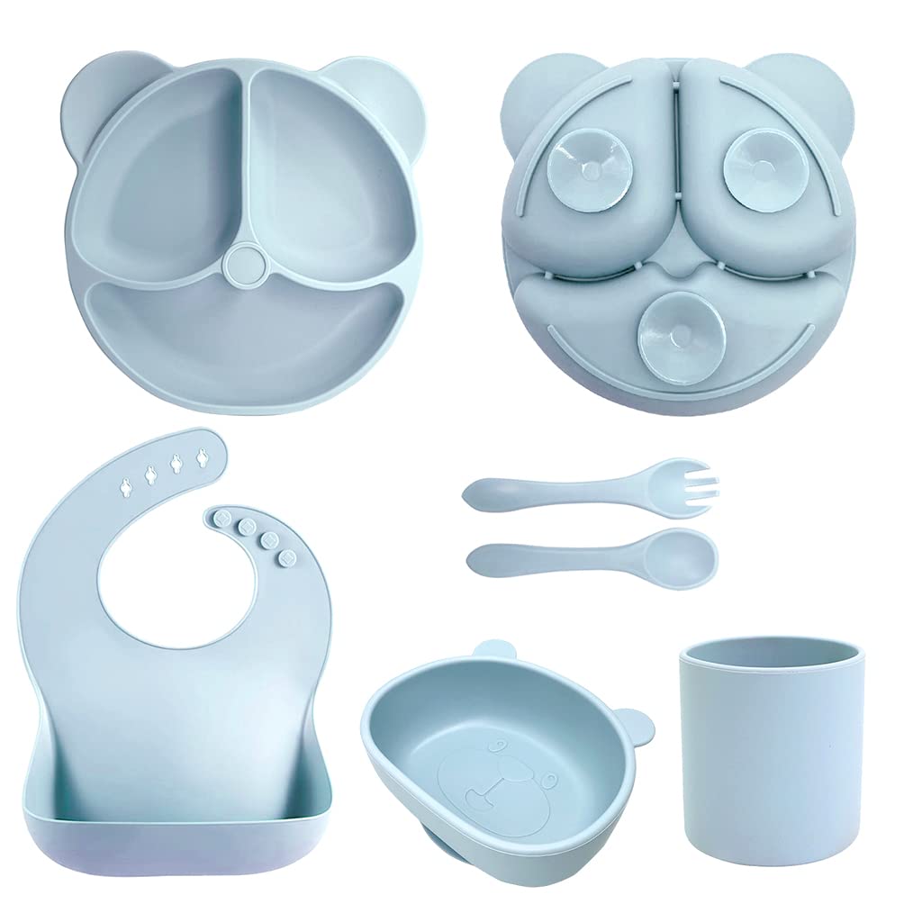 6Pcs Silicone Solid Tableware Kit For Baby, Foodgrade Silicone Tableware Kit With Suction Plate & Bowl Cup Spoon Fork And Bib, Bpa-Free Dishwasher & Microwave Safe Baby Product
