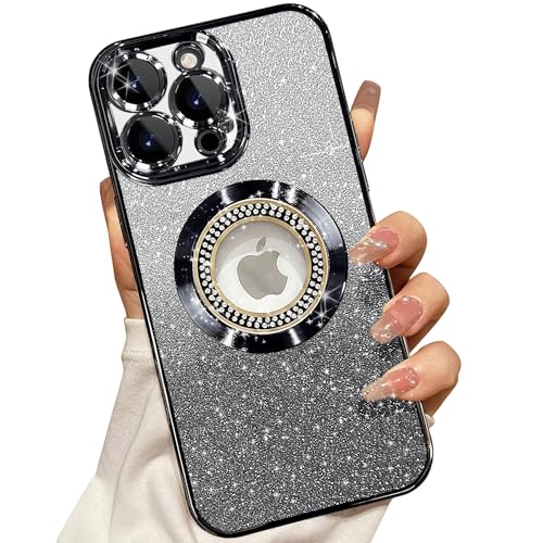 Image of Misscase for iPhone 16 Pro Max Magnetic Glitter Case Compatible with MagSafe,Full Protection Slim Shockproof Anti-Scratch Case with Camera Lens Protector Logo View Dust-Proof Net for Women Black