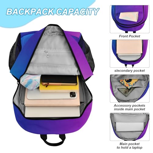 GAIGEO Gradient Purple Blue Child Backpack with Stretch Pockets, Backpack and Lunch Box Set, Middle School Backpack, Kids Bookbag Boys4