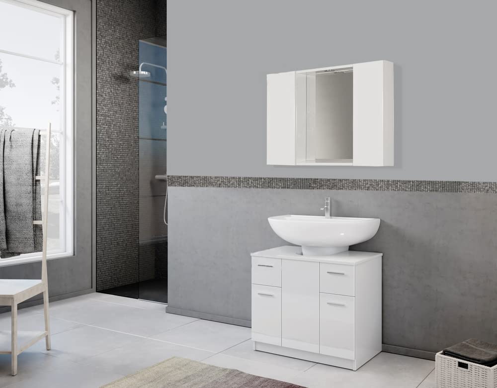 Mama Store Espejo de baño con 2 Compartimentos contenedor y luz LED-Blanco Brillante Lacado, L. 81 cm x P. 16 cm x H. 60 cm