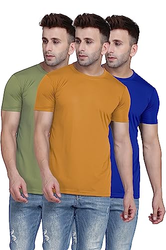 TQH Men Dri Fit Polyester Half Sleeve Round Neck Mustard Yellow, Pista Green, Royal Blue T-Shirts - Pack of 3