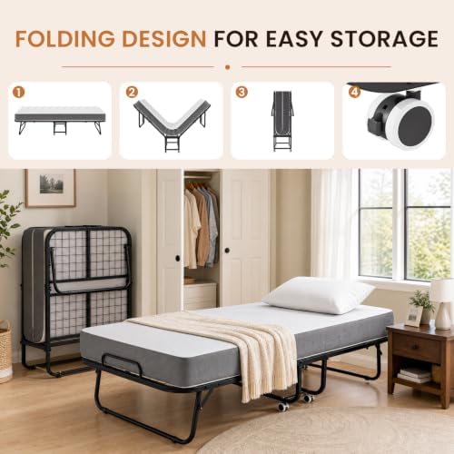 Maemttes Folding Bed with Mattress, Portable Guest Bed with 5-inch Memory Foam Mattress,75x31inch Rollaway Portable Beds for Adults — view 7