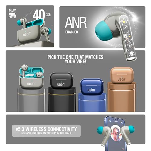 Image of UBON Air Tiger J26 Bluetooth TWS Earbuds with 40H Playtime, 500H Standby, ANR Noise Reduction, Low Latency, Fast Charging, v5.3 Bluetooth, Touch Controls & Mic Wireless Earphones (Grey)