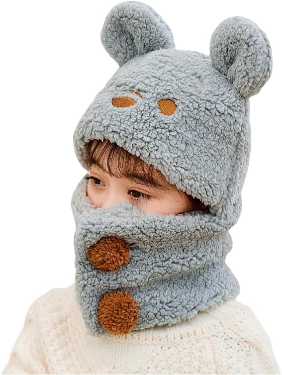 Kids Winter Trapper Hats Cold Weather Ski Snow Cap Cute Bear Neck Warm Scarf Earflaps Beanie Hats for Boys Girls 6-9 Years
