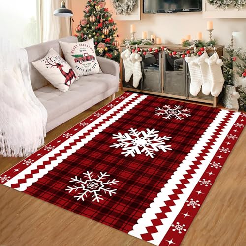 Fouiunler Bohemian Christmas Snowflake Area Rug,3x4ft,Vintage Plaid Winter Holiday Xmas Decor Indoor Rugs,Non-Slip Washable Rugs for Living Room Christmas Porch Rug Soft Bedroom Carpete