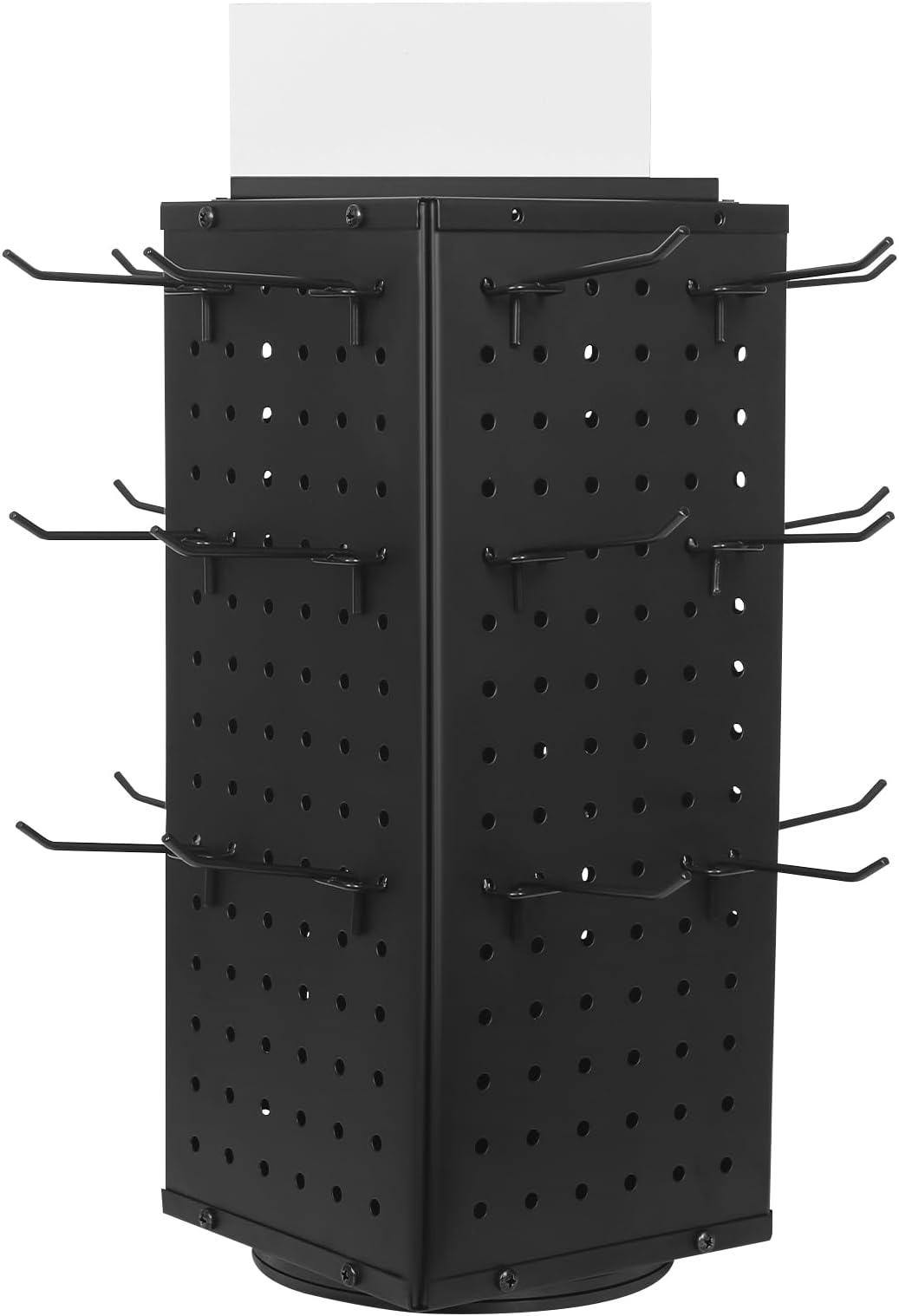 Rotating Pegboard Display Stand with 24 Hooks, 4-Sided Metal Spinner Peg Board Organizer, Countertop Display Rack for Jewelry, Keychains, Craft Supplies, Retail and Trade Shows (Black, 17in,4-Sided)
