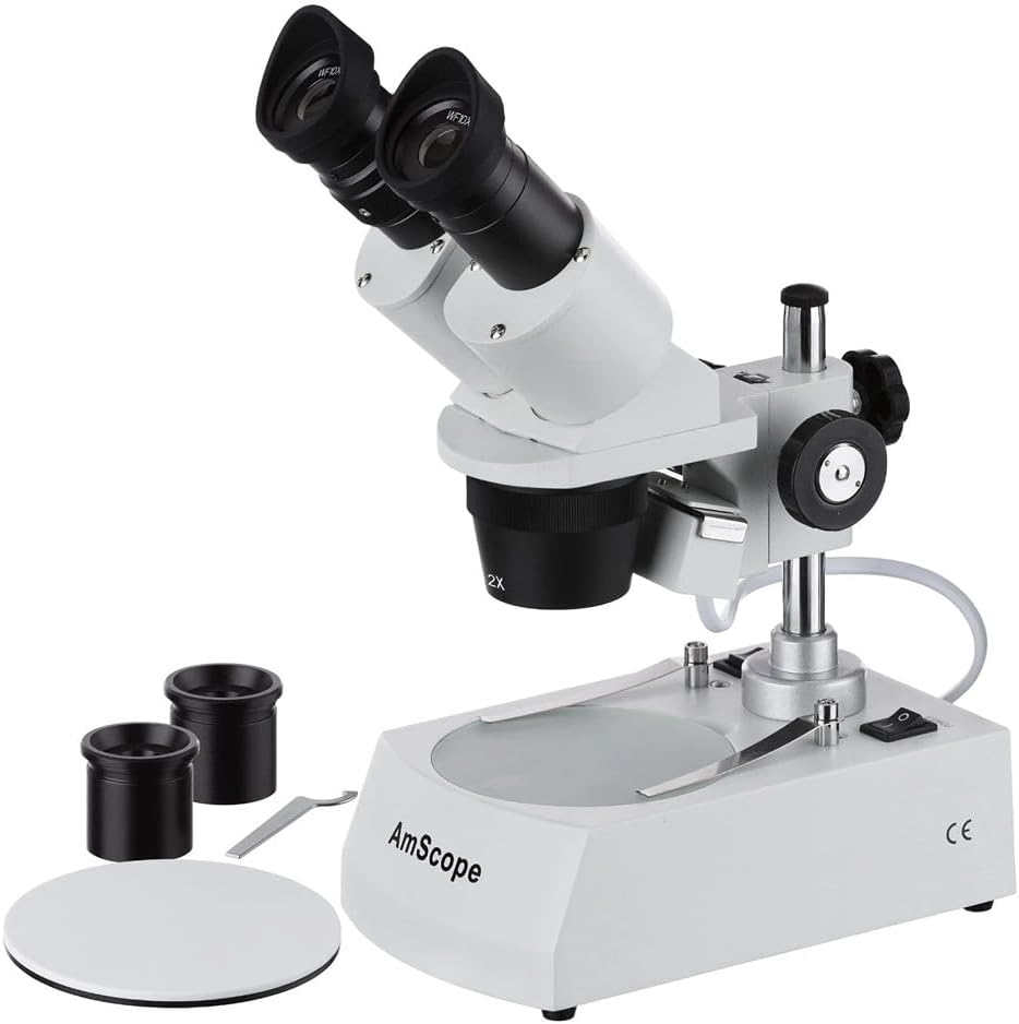 AmScope SE306R-PZ Forward Binocular Stereo Microscope, WF10x and WF20x Eyepieces, 10X-80X Magnification, 2X and 4X Objectives, Upper and Lower Halogen Light Source, Pillar Stand, 120V , White