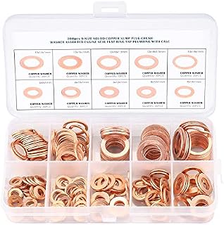 200 Pcs Copper Washers Assorted, Flat Washers Kit, 9 Sizes Sealing Ring Washers Assortment Set, Plain Washers with Storage Box(M5 M6 M8 M10 M12 M14)