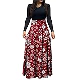Generic Weihnachtskleid Damen, Tunika-Kleid Weiblich Locker Elegante Kleider Weich Schneeflocke Maxi Tunika-Kleid Frauenkleidern Polyester Langarm Rundhals Abschlussball Weihnachts Rot L