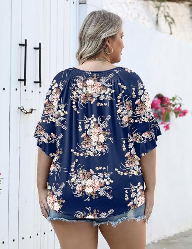 Image of Micoson Womens Plus Size Tops 3 /4 Ruffle Sleeve Crewneck Pleated Shirts