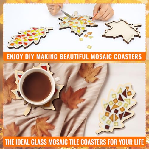 Honeydak 6 Sets DIY Glass Mosaic Tiles with 6 Wooden Coasters Making Mosaic Crafts Material Package Mixed Stained Glass for Handmade Colorful Home Decor Gift Indoor(Maple Leaf,Autumnal Color) - Thumbnail 6