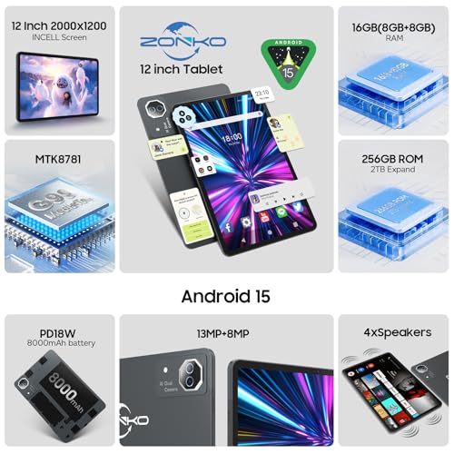 Image of Tablet 12 inch Large Screen, Android 15 Tablet 16GB RAM 256GB ROM, 2K 2000x1200 Incell Widevine L1 Display, Gaming Tablets with Helio G99 Octa-core, 8000mAh 18W Fast Charge Tablets, AI Support, GPS