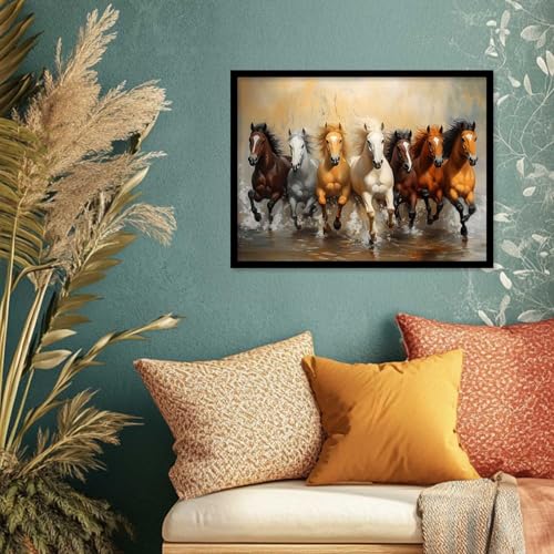 Image of HOTHOUSE Seven Running Vastu Lucky Horse Painting | 7 Horses Vastu Frame Wall Art Painting for Living Room Bedroom Office Home Decor Wall Decor Size (13X17 inch)